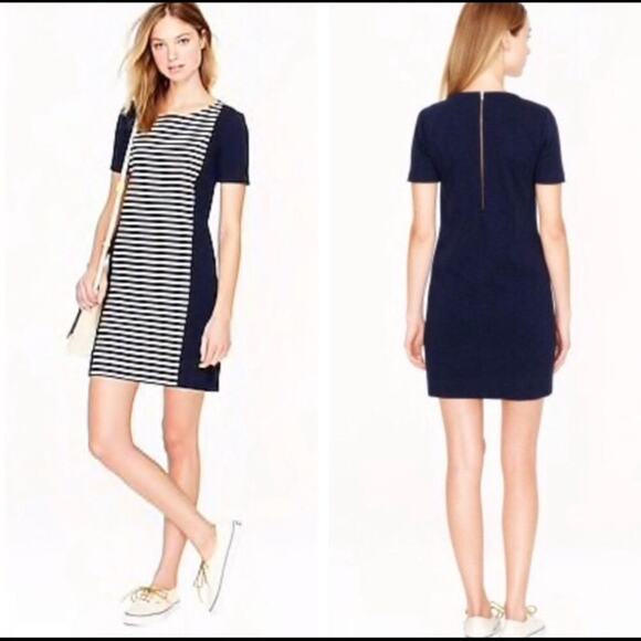 J Crew Stripe Knit Shift Dress Navy Blue Ivory Cream exposed zipper - Picture 1 of 8